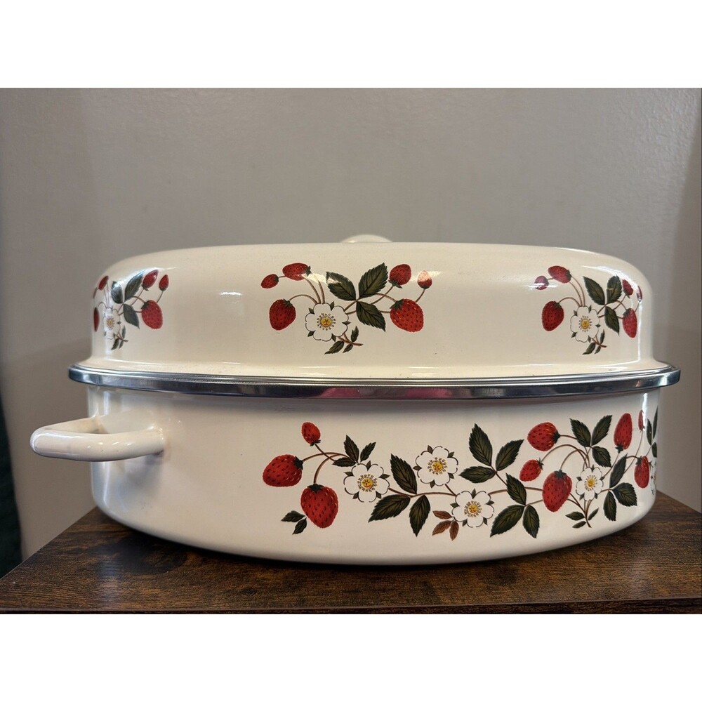 Vintage Sheffield Strawberries 'N Cream Enamelware 15" Roasting Pan Roaster Lid